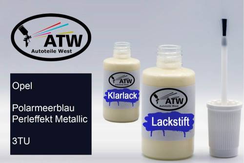 Opel, Polarmeerblau Perleffekt Metallic, 3TU: 20ml Lackstift + 20ml Klarlack - Set, von ATW Autoteile West.